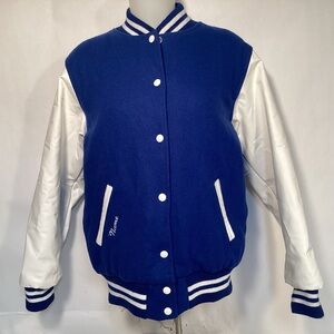 Game Sportswear Classic Blue and White Varsity Jacket Women’s size Medium